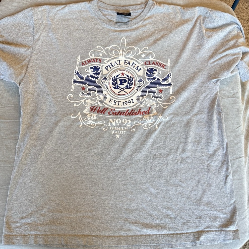 Phat Farm Classics Graphic T Shirt Men 4XL‎ Gray Crest Logo Est 1992 Streetwear
